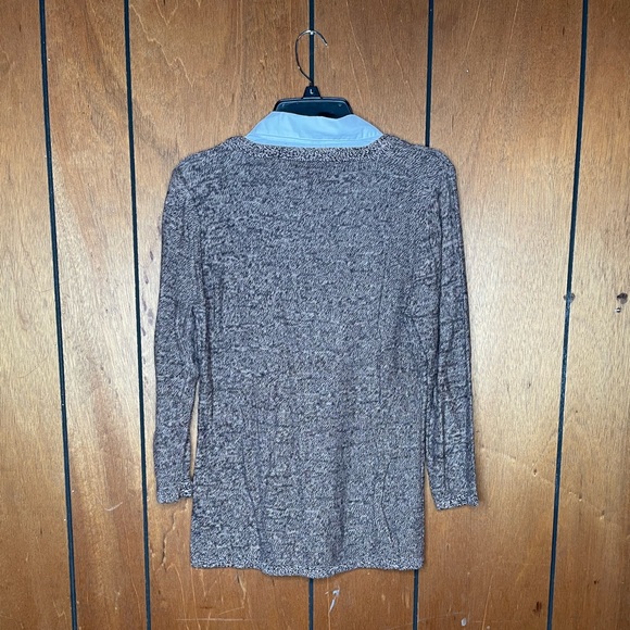 Basic Editions Layered Collared Brown White Long Sleeve V-Neck Sweater Shirt Med - Picture 4 of 5